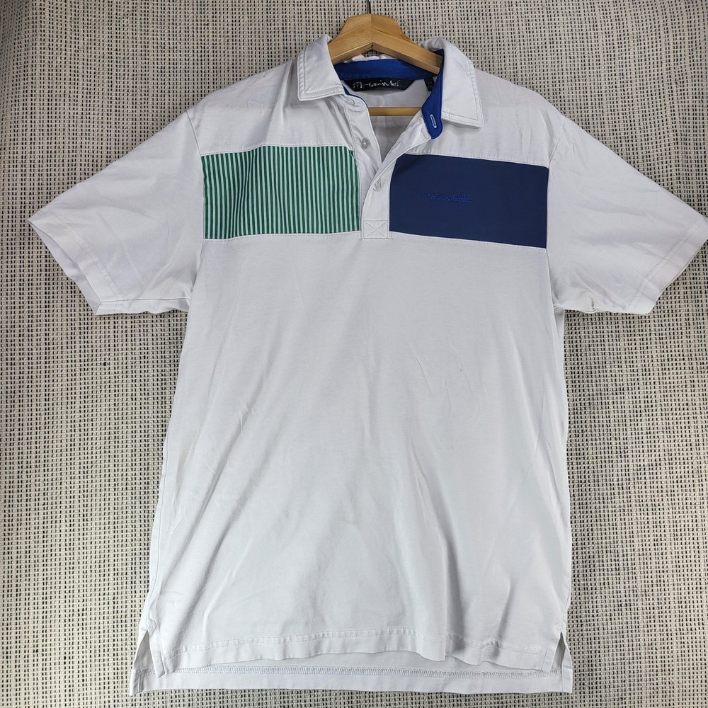 TravisMathew Polo Shirt Mens Medium White Blue Green Colorblock Golf Casual Peru